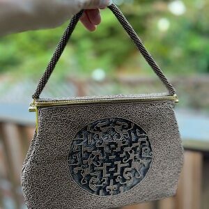 Vintage gold brown beaded clutch evening bag